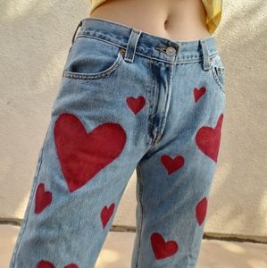 Custom red heart light wash jeans
